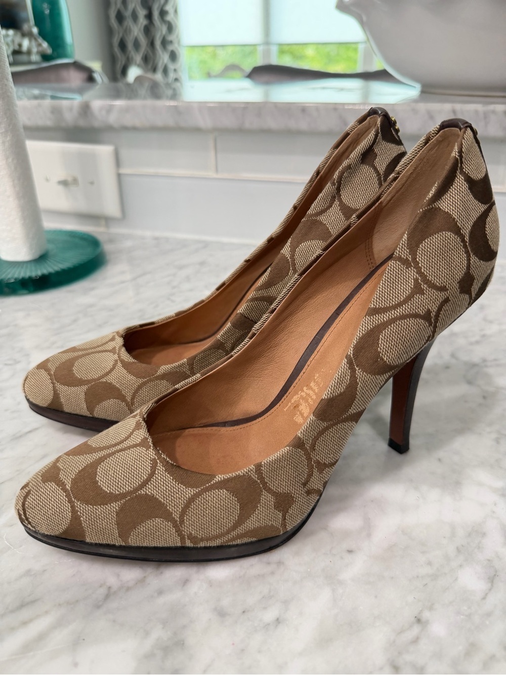 Coach Signature Monogram Tan Canvas High Heels